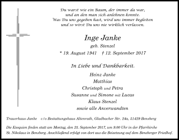 Anzeige von Inge Janke von Kölner Stadt-Anzeiger / Kölnische Rundschau / Express