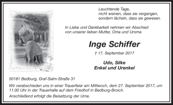 Anzeige von Inge Schiffer von  Sonntags-Post 