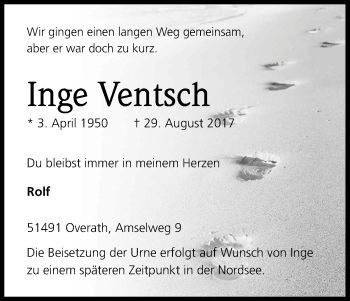 Anzeige von Inge Ventsch von Kölner Stadt-Anzeiger / Kölnische Rundschau / Express