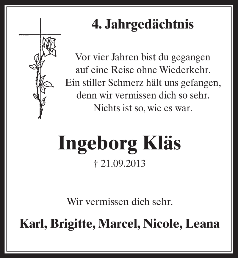  Traueranzeige für Ingeborg Kläs vom 20.09.2017 aus  Wochenende 