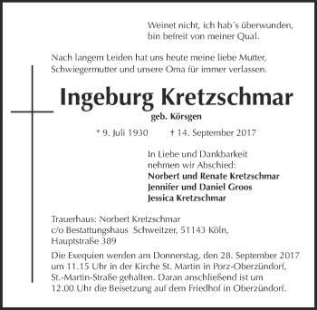 Anzeige von Ingeburg Kretzschmar von  Kölner Wochenspiegel 