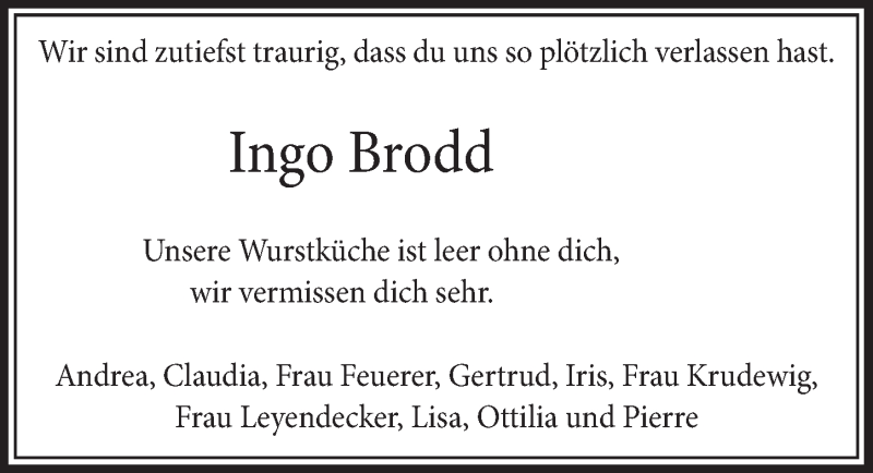  Traueranzeige für Ingo Brodd vom 13.09.2017 aus  Schlossbote/Werbekurier 