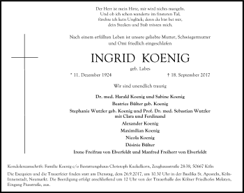 Anzeige von Ingrid Koenig von Kölner Stadt-Anzeiger / Kölnische Rundschau / Express
