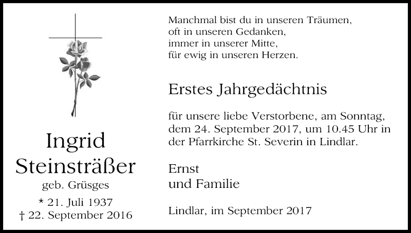  Traueranzeige für Ingrid Steinsträßer vom 23.09.2017 aus Kölner Stadt-Anzeiger / Kölnische Rundschau / Express