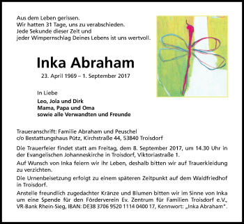 Anzeige von Inka Abraham von Kölner Stadt-Anzeiger / Kölnische Rundschau / Express