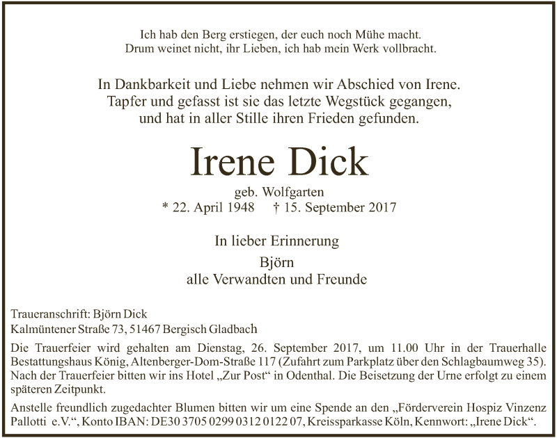  Traueranzeige für Irene Dick vom 20.09.2017 aus  Bergisches Handelsblatt 
