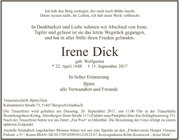 Anzeige von Irene Dick von  Bergisches Handelsblatt 