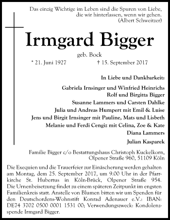 Anzeige von Irmgard Bigger von Kölner Stadt-Anzeiger / Kölnische Rundschau / Express