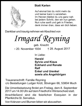 Anzeige von Irmgard Reyning von Kölner Stadt-Anzeiger / Kölnische Rundschau / Express