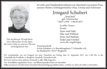 Anzeige von Irmgard Schubert von  Sonntags-Post 