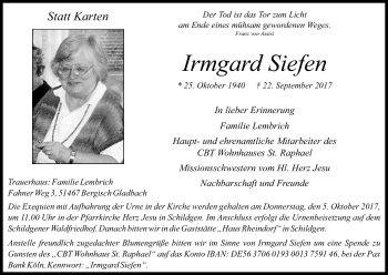 Anzeige von Irmgard Siefen von Kölner Stadt-Anzeiger / Kölnische Rundschau / Express
