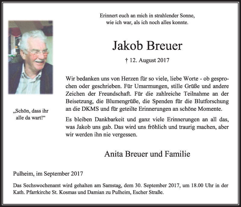  Traueranzeige für Jakob Breuer vom 23.09.2017 aus  Sonntags-Post 