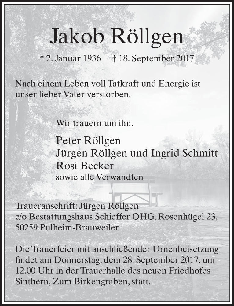  Traueranzeige für Jakob Röllgen vom 23.09.2017 aus  Sonntags-Post 