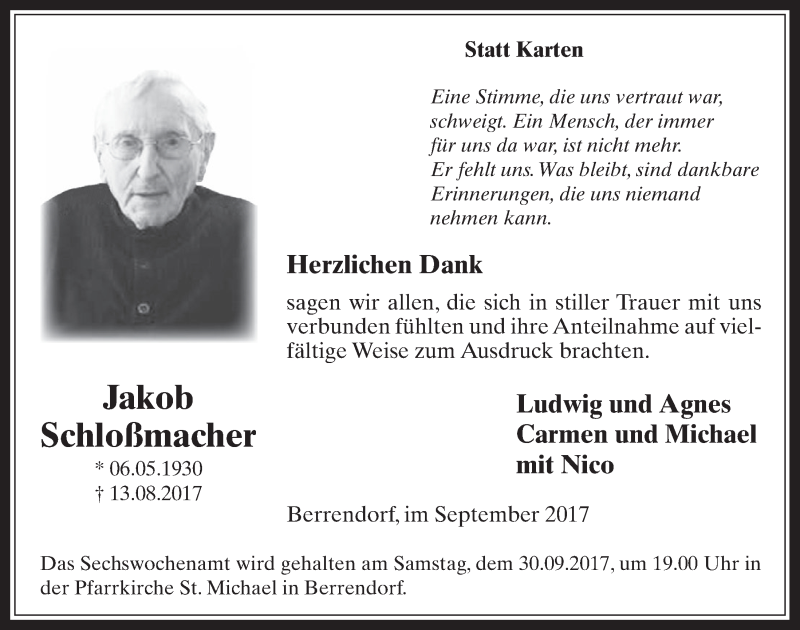  Traueranzeige für Jakob Schloßmacher vom 27.09.2017 aus  Werbepost 