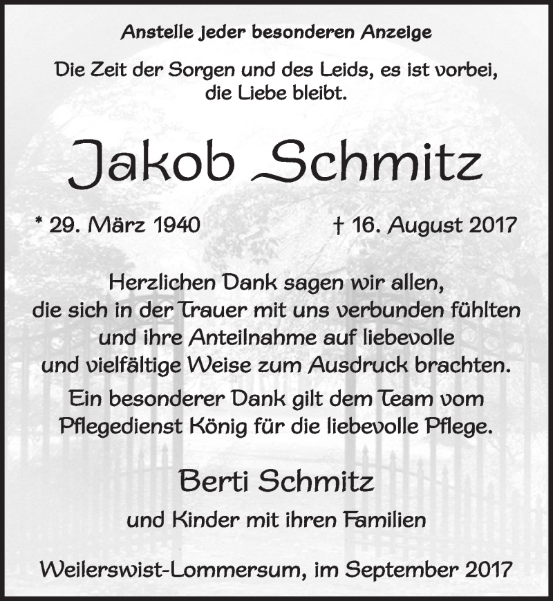  Traueranzeige für Jakob Schmitz vom 16.09.2017 aus  Blickpunkt Euskirchen 