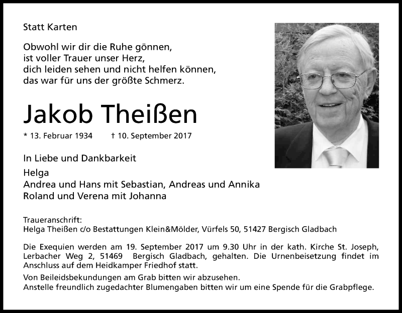  Traueranzeige für Jakob Theißen vom 16.09.2017 aus Kölner Stadt-Anzeiger / Kölnische Rundschau / Express