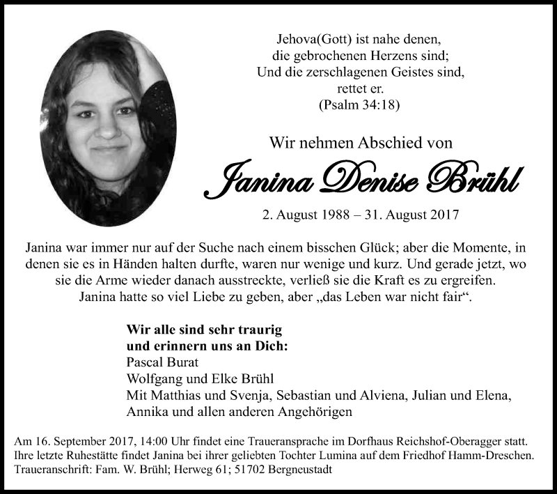  Traueranzeige für Janina Denise Brühl vom 08.09.2017 aus Kölner Stadt-Anzeiger / Kölnische Rundschau / Express