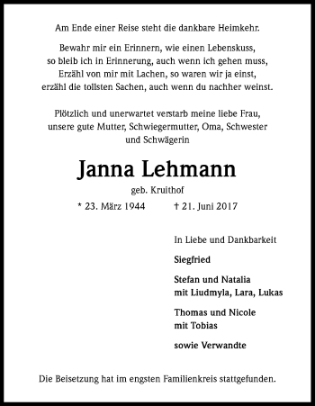 Anzeige von Janna Lehmann von Kölner Stadt-Anzeiger / Kölnische Rundschau / Express