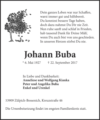Anzeige von Johann Buba von  Blickpunkt Euskirchen 
