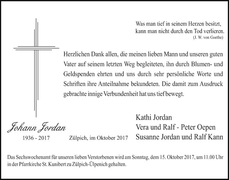  Traueranzeige für Johann Jordan vom 30.09.2017 aus  Blickpunkt Euskirchen 