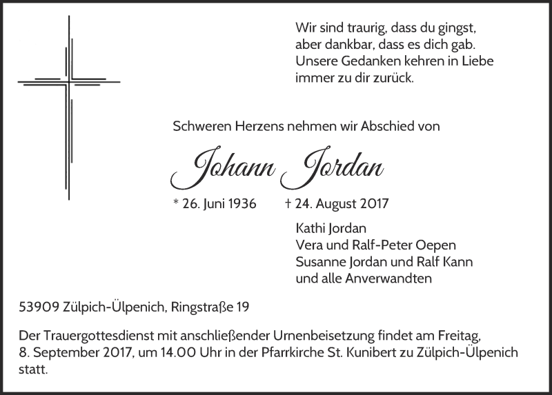  Traueranzeige für Johann Jordan vom 02.09.2017 aus  Blickpunkt Euskirchen 