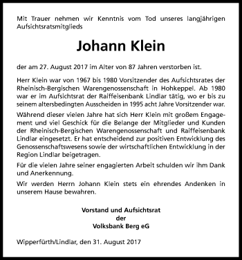 Anzeige von Johann Klein von Kölner Stadt-Anzeiger / Kölnische Rundschau / Express