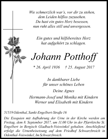 Anzeige von Johann Potthoff von Kölner Stadt-Anzeiger / Kölnische Rundschau / Express