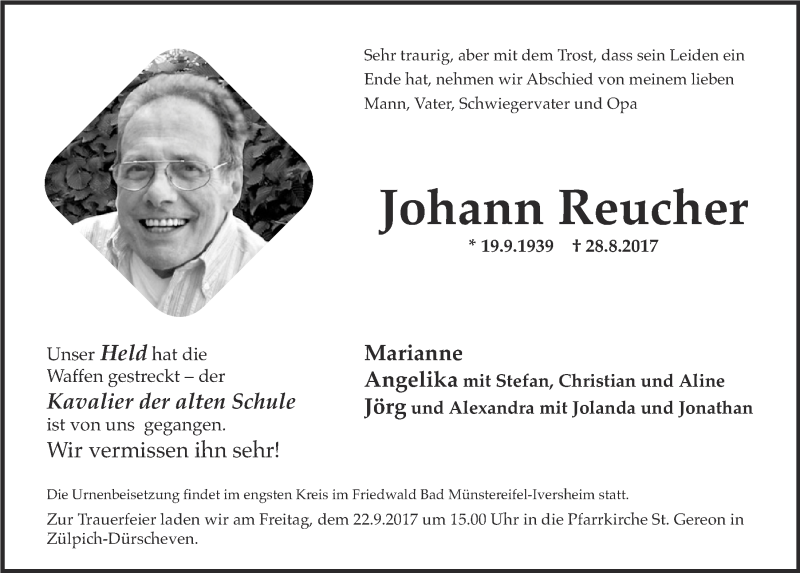  Traueranzeige für Johann Reucher vom 09.09.2017 aus  Blickpunkt Euskirchen 