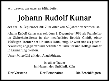 Anzeige von Johann Rudolf Kunar   von Kölner Stadt-Anzeiger / Kölnische Rundschau / Express
