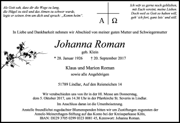Anzeige von Johanna Roman von Kölner Stadt-Anzeiger / Kölnische Rundschau / Express