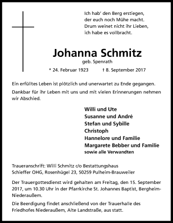 Anzeige von Johanna Schmitz von Kölner Stadt-Anzeiger / Kölnische Rundschau / Express