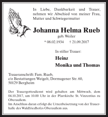Anzeige von Johanna Helma Rueb von  Werbepost 