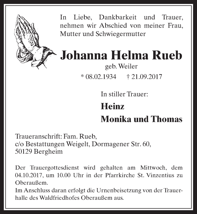  Traueranzeige für Johanna Helma Rueb vom 27.09.2017 aus  Werbepost 