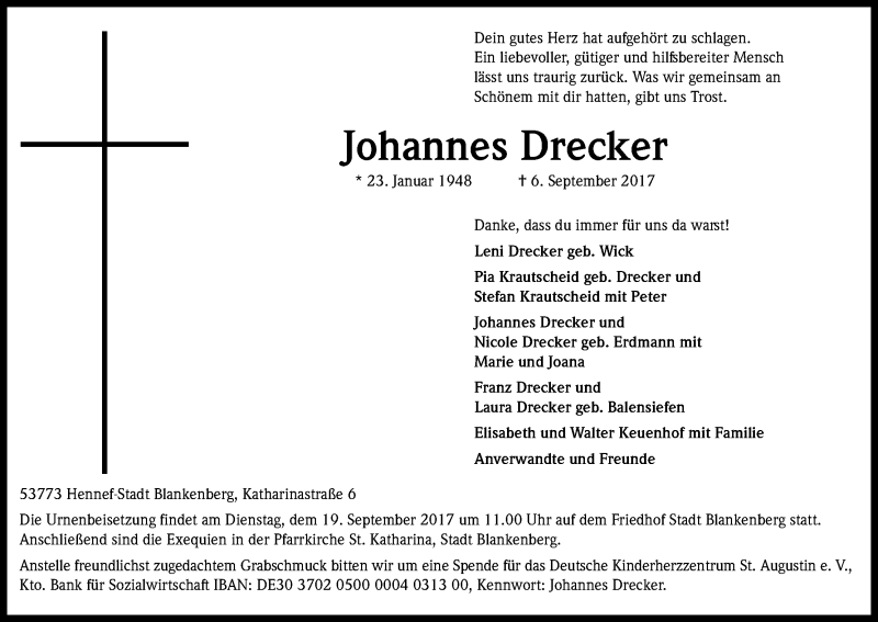  Traueranzeige für Johannes Drecker vom 15.09.2017 aus Kölner Stadt-Anzeiger / Kölnische Rundschau / Express