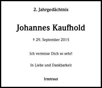 Anzeige von Johannes Kaufhold von Kölner Stadt-Anzeiger / Kölnische Rundschau / Express
