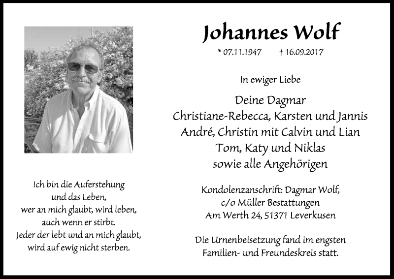  Traueranzeige für Johannes Wolf vom 27.09.2017 aus Kölner Stadt-Anzeiger / Kölnische Rundschau / Express