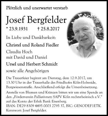 Anzeige von Josef Bergfelder von Kölner Stadt-Anzeiger / Kölnische Rundschau / Express