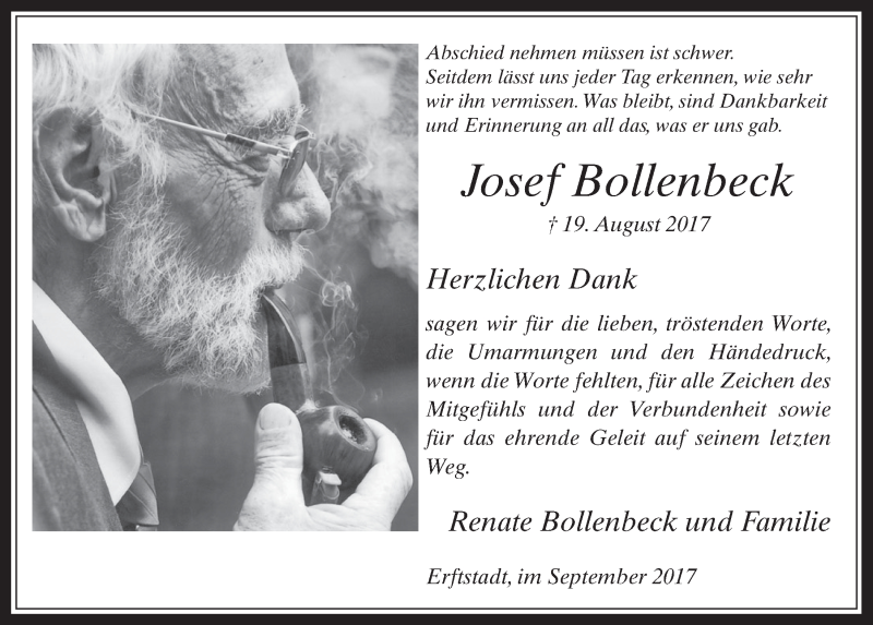  Traueranzeige für Josef Bollenbeck vom 27.09.2017 aus  Werbepost 