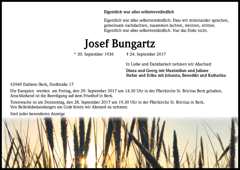  Traueranzeige für Josef Bungartz vom 26.09.2017 aus Kölner Stadt-Anzeiger / Kölnische Rundschau / Express