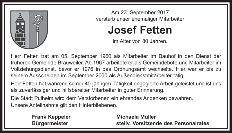  Traueranzeige für Josef Fetten vom 30.09.2017 aus  Sonntags-Post 