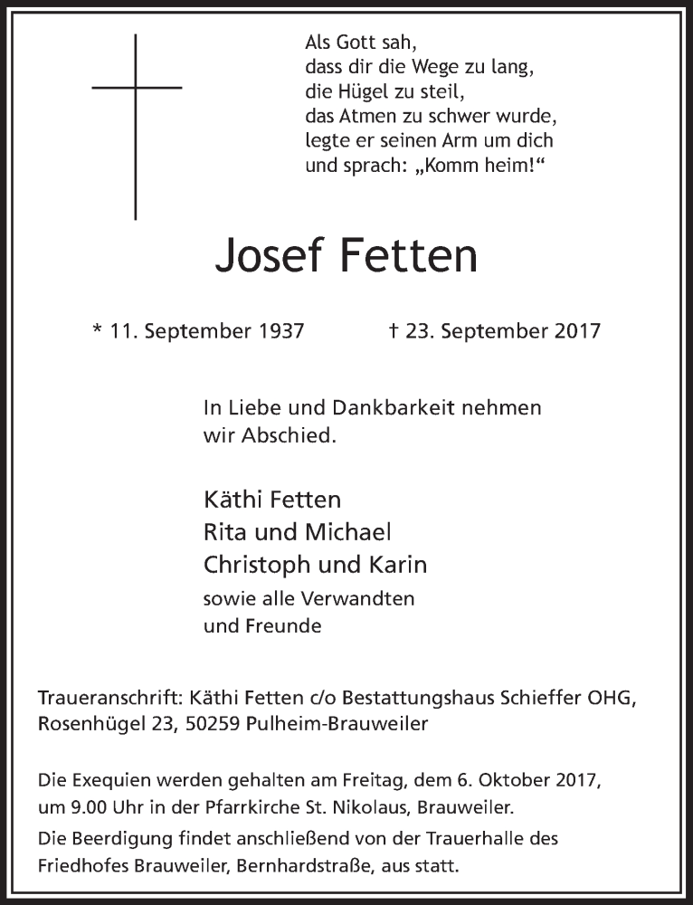  Traueranzeige für Josef Fetten vom 30.09.2017 aus  Sonntags-Post 