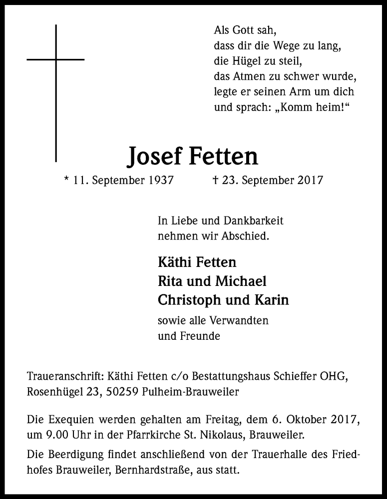  Traueranzeige für Josef Fetten vom 30.09.2017 aus Kölner Stadt-Anzeiger / Kölnische Rundschau / Express