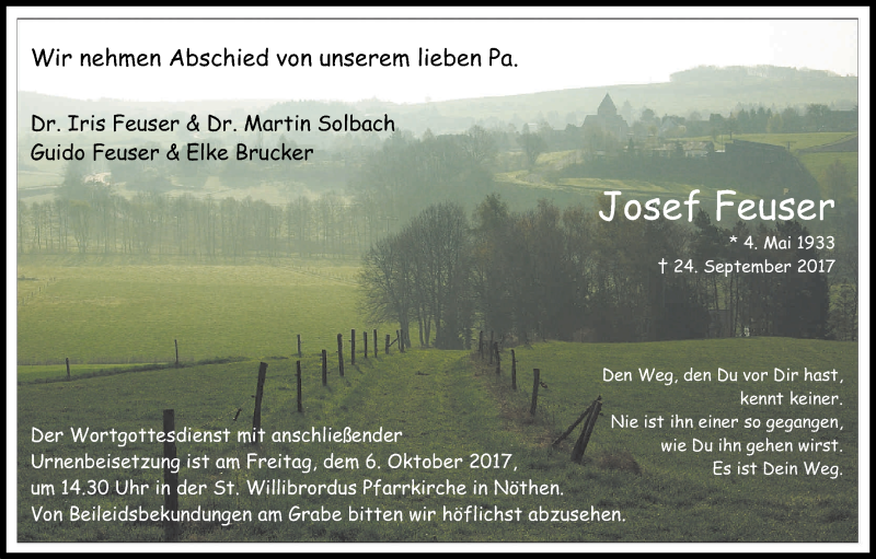  Traueranzeige für Josef Feuser vom 30.09.2017 aus Kölner Stadt-Anzeiger / Kölnische Rundschau / Express