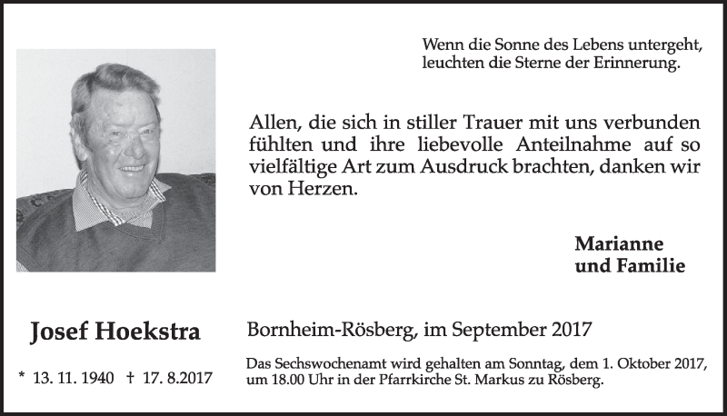  Traueranzeige für Josef Hoekstra vom 27.09.2017 aus  Schlossbote/Werbekurier 