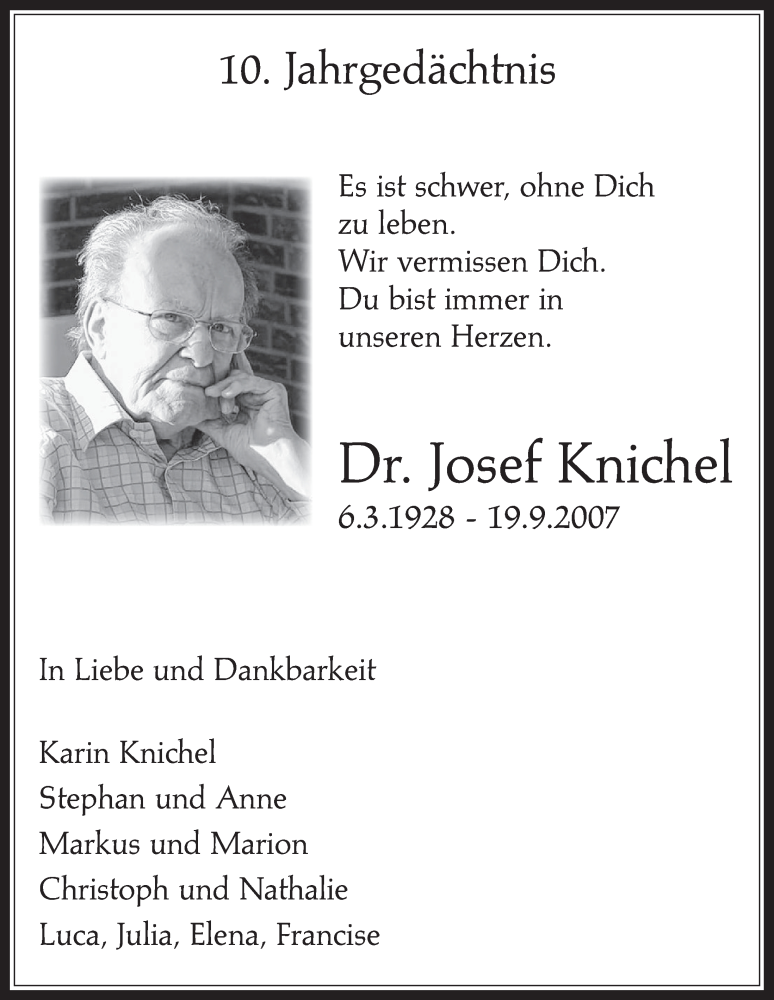  Traueranzeige für Josef Knichel vom 13.09.2017 aus  Wochenende 
