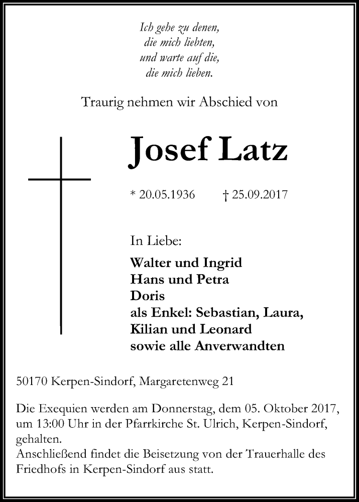  Traueranzeige für Josef Latz vom 30.09.2017 aus Kölner Stadt-Anzeiger / Kölnische Rundschau / Express