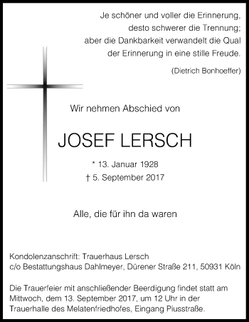 Anzeige von Josef Lersch von Kölner Stadt-Anzeiger / Kölnische Rundschau / Express