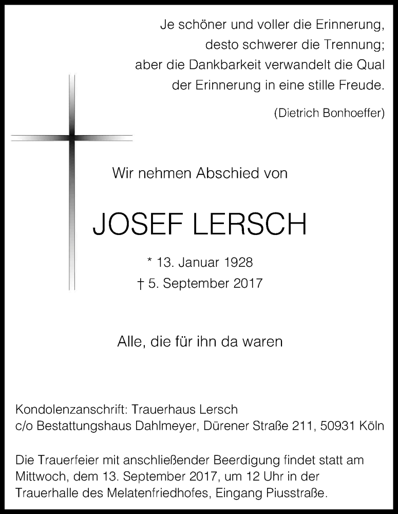  Traueranzeige für Josef Lersch vom 09.09.2017 aus Kölner Stadt-Anzeiger / Kölnische Rundschau / Express