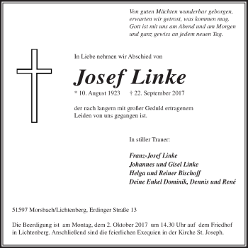 Anzeige von Josef Linke von  Lokalanzeiger 