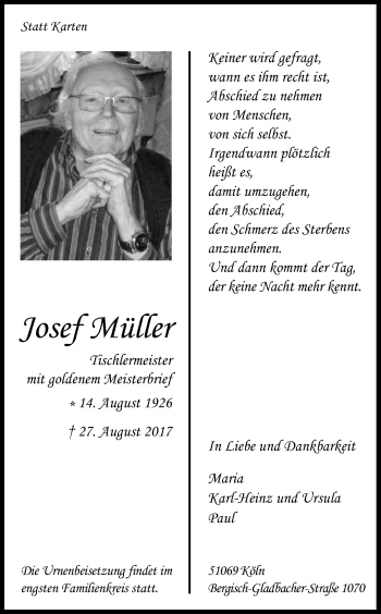 Anzeige von Josef Müller von Kölner Stadt-Anzeiger / Kölnische Rundschau / Express